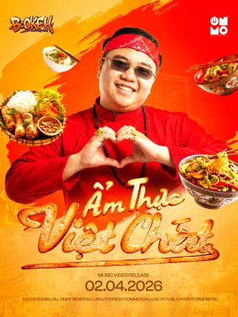 Ẩm Thực Việt Chất — MV release poster with the rapper in red making a heart