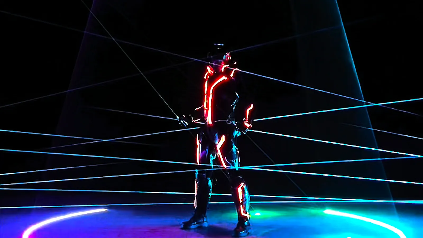 A performance combining lasers and the TRON ARES suit