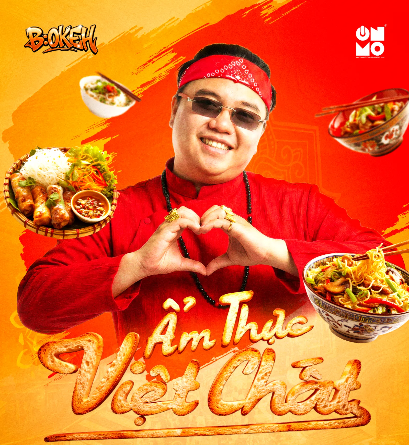 Key visual — rapper in red áo dài making a heart with floating bowls of Vietnamese dishes